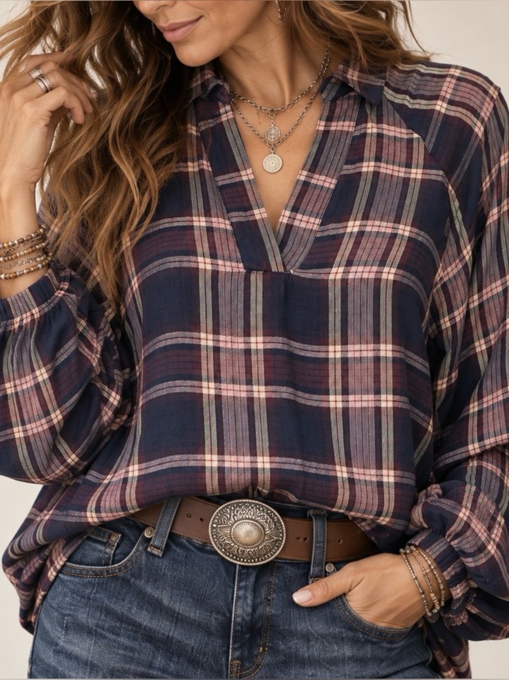 $79 Soyaconcept Colorful Plaid Blouse Women’s S Navy Burgundy Wool Blend NWT